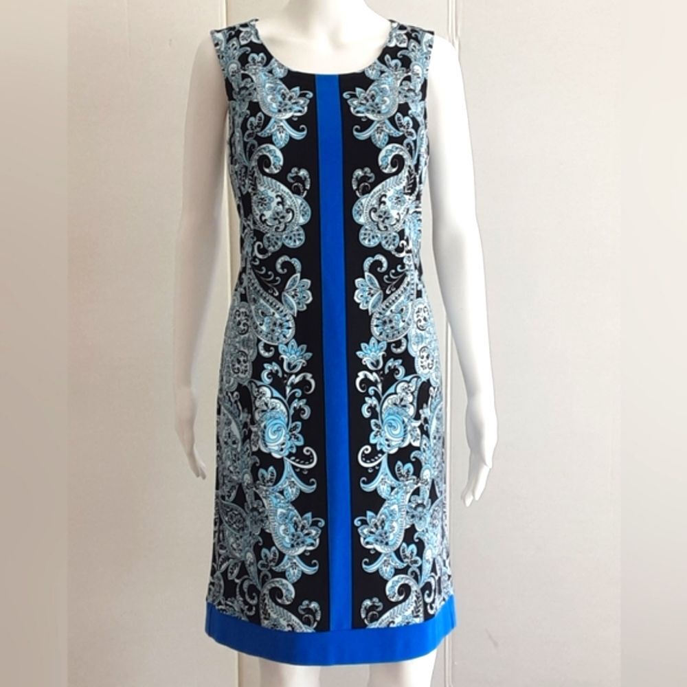 LANDS' END Light Dark Blues Paisley Sleeveless Sheath Dress Sz 8
